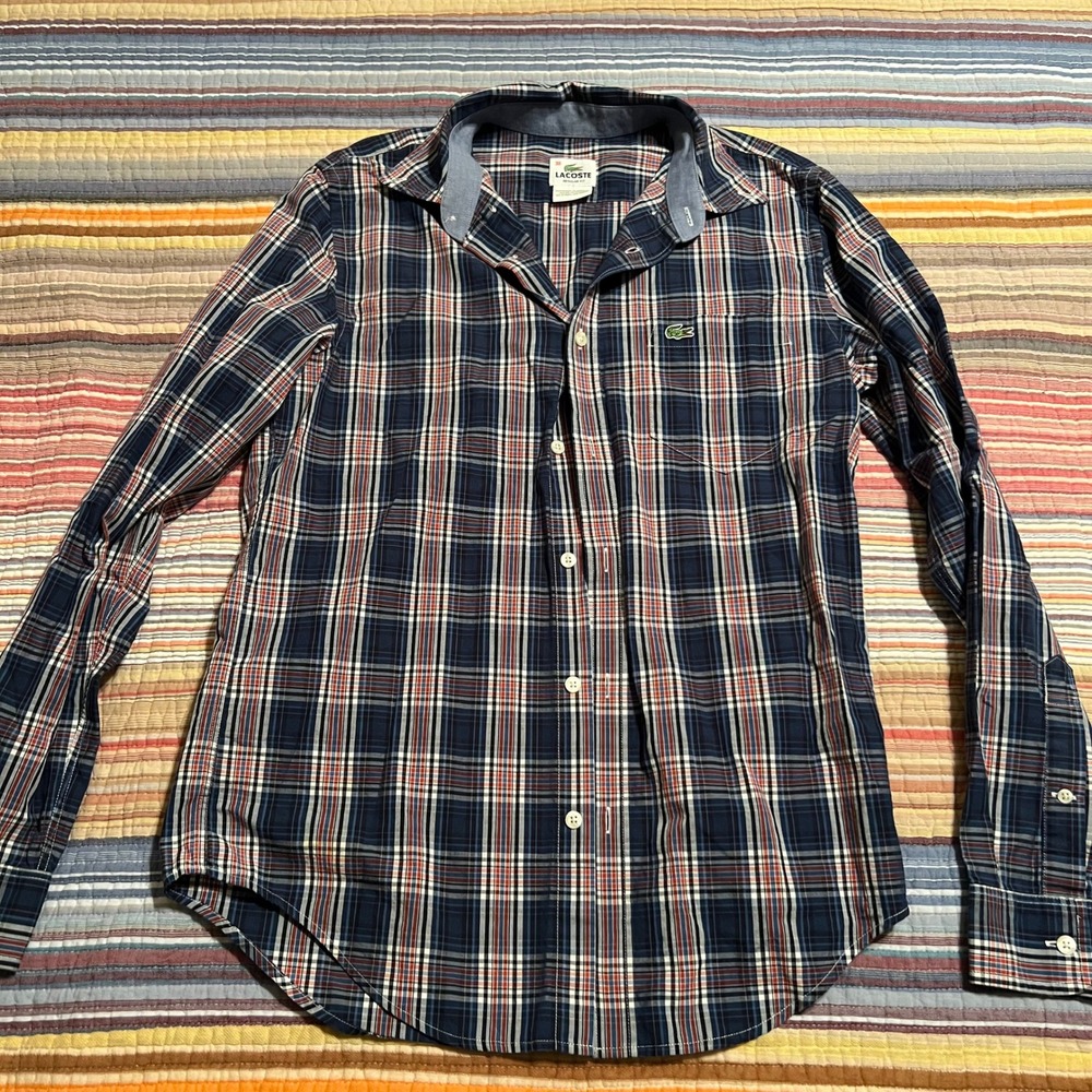 Lacoste Mens Plaid Button Down Long Sleeve Shirt Regular Fit, Size 38